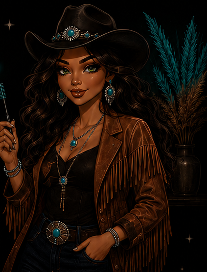 Illustration of a woman in western attire holding a lash brush